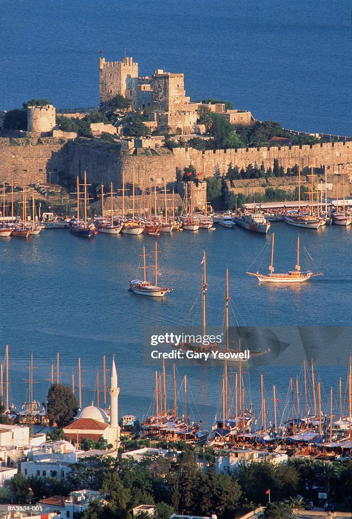 Turkey, Mugla, Bodrum, Castle of St Peter, yachts moored in harbour