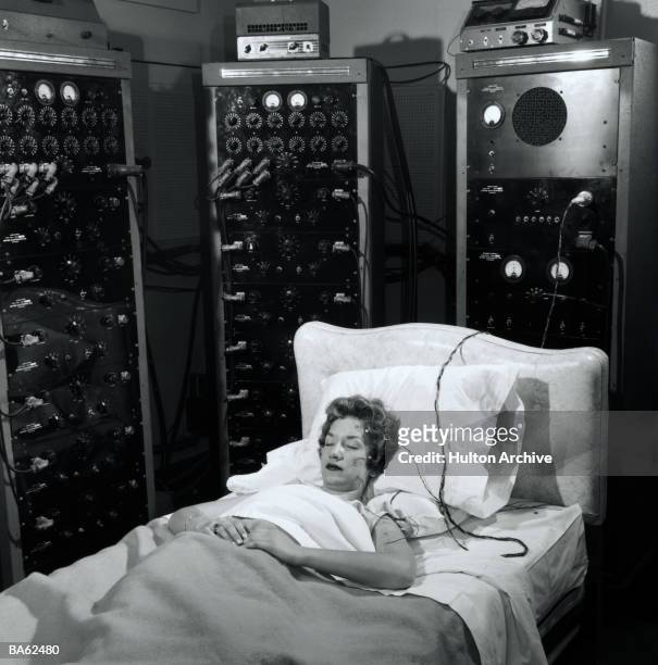 Sleep tests being carried out by The US Testing Company under supervision of psychologists and physiologists. Heart beat, blood pressure and brain...