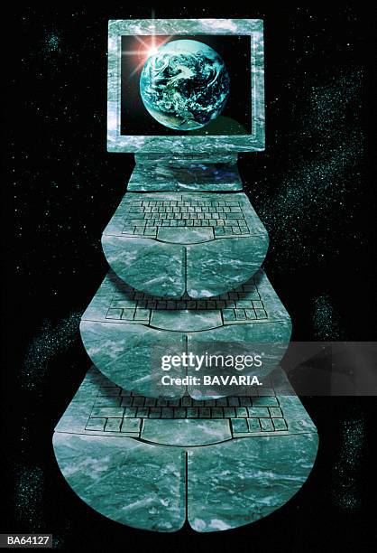computer and keyboards in marble world globe on screen - marble - fotografias e filmes do acervo