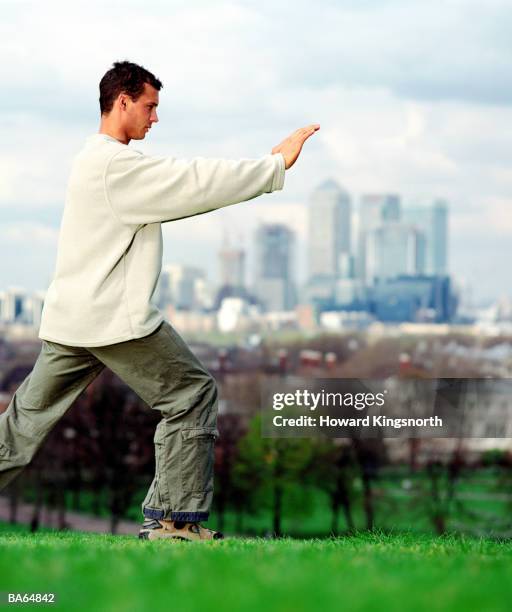 man practicing tai chi in park - greenwich park photos et images de collection