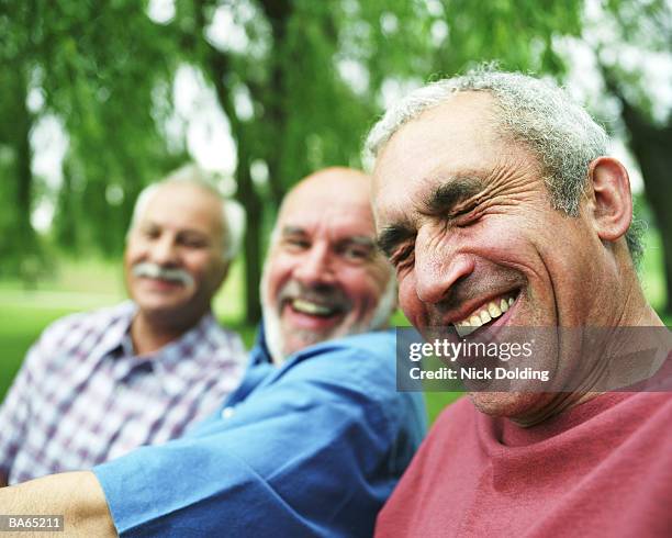 three mature men laughing in park, close-up - mature men friends stock pictures, royalty-free photos & images