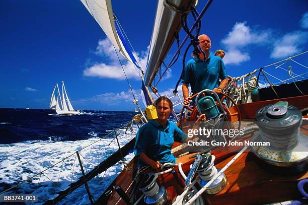 crew on deck of sailing yacht - sailing team stock-fotos und bilder