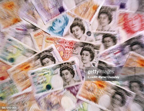 united kingdom currecny, various banknotes, full-frame (zoom effect) - 50 pound notes stock pictures, royalty-free photos & images