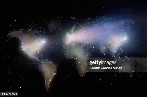 constellation of stars and nebula in shape of world map (composite) - constellation stock-grafiken, -clipart, -cartoons und -symbole