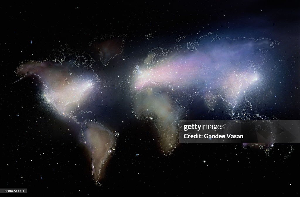 Constellation of stars and nebula in shape of world map (Composite)