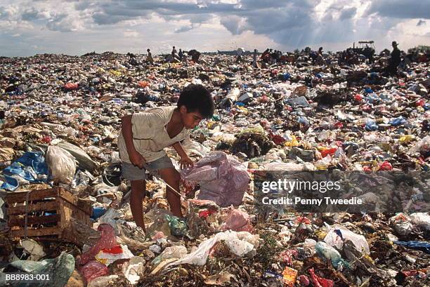 boy collecting rubbish on landfill site, philippines - street child stock pictures, royalty-free photos & images