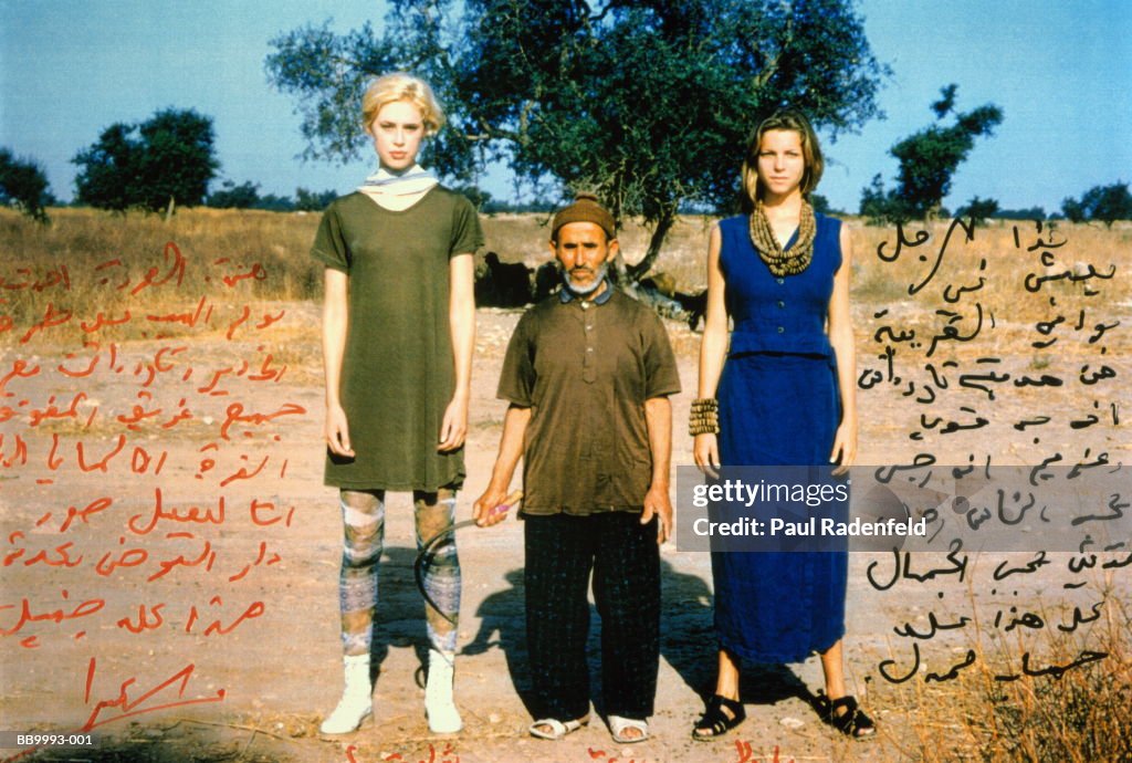 Two young women standing beside local man, Morocco (montage)