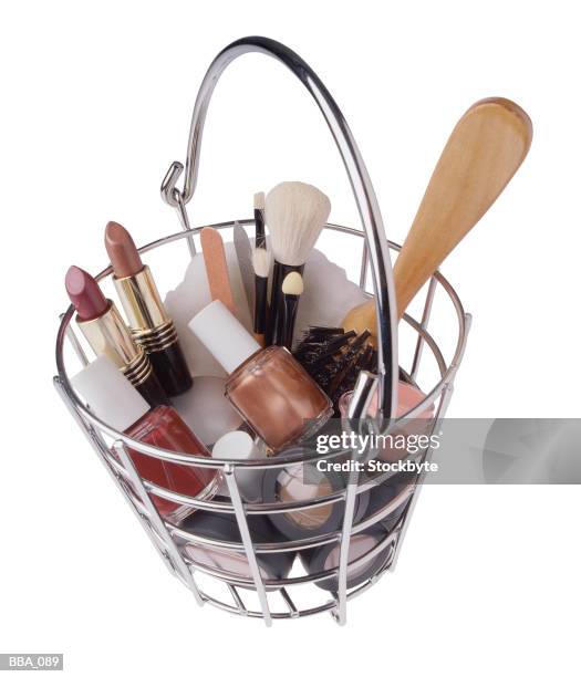 basket of makeup and accessories - blusher brush stock pictures, royalty-free photos & images