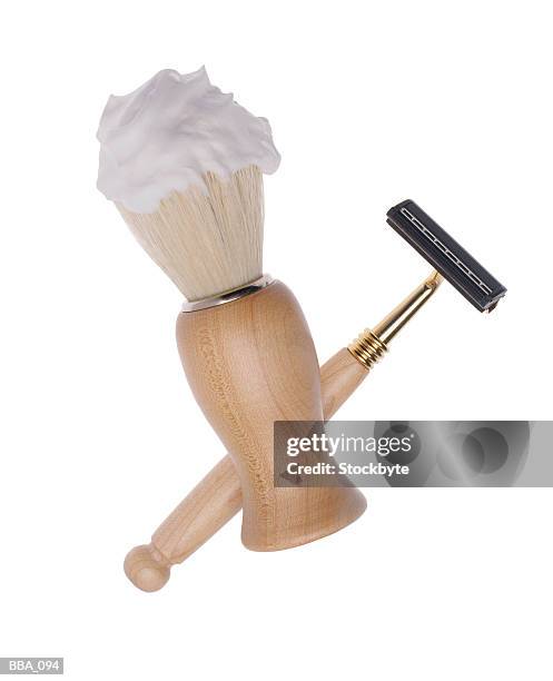 shaving brush with shaving cream on bristles, and safety razor - scheerkwast stockfoto's en -beelden