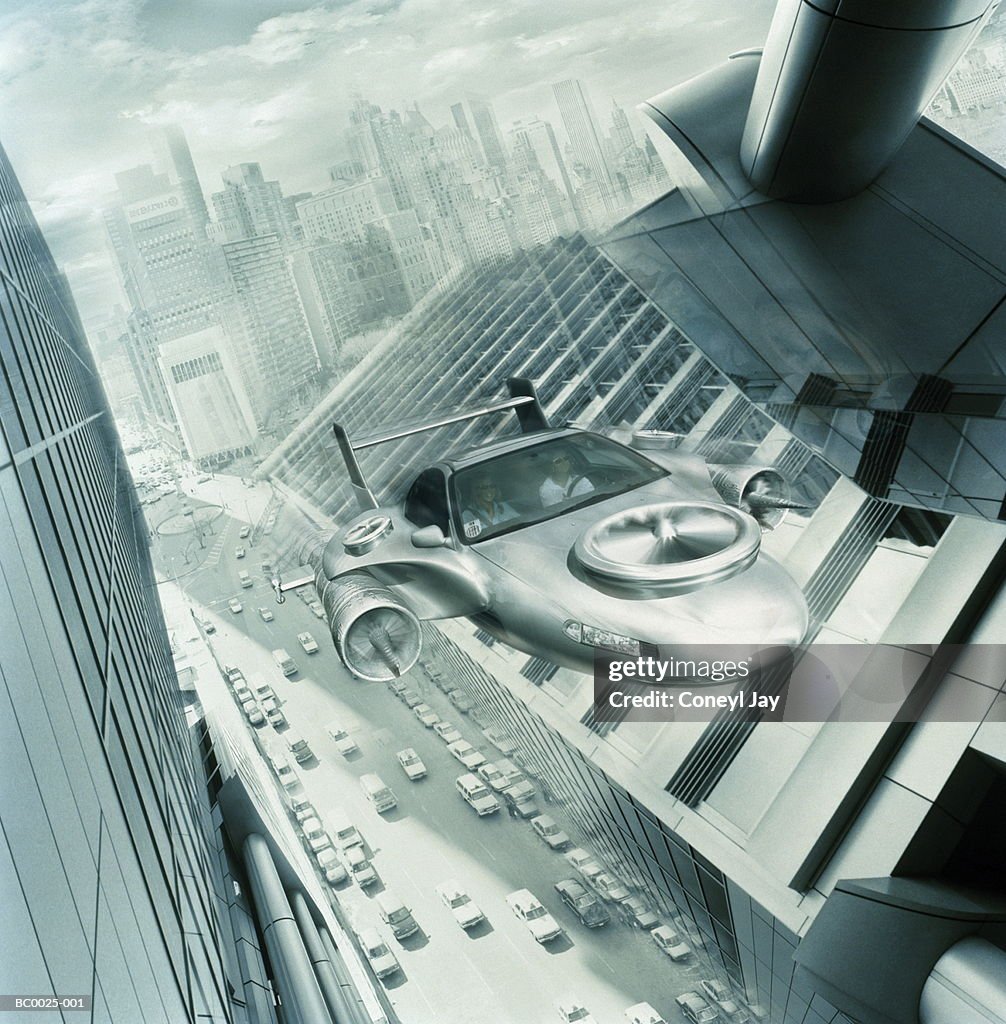 Futuristic cityscape with flying 'car' (Digital Composite)