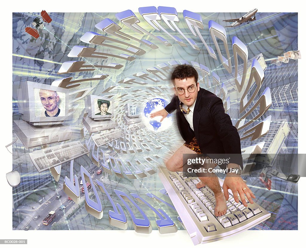 Global communications, businessman 'surfing' on keyboard (Composite)