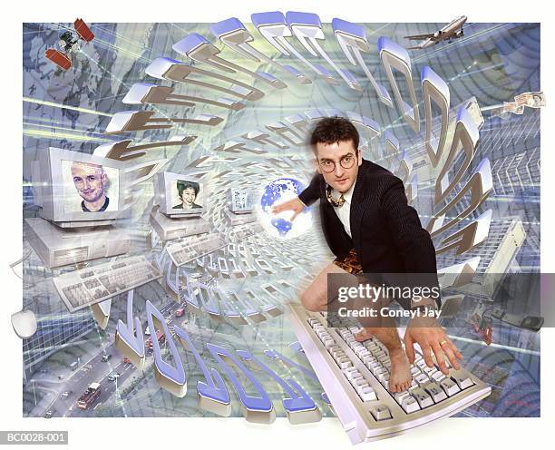 global communications, businessman 'surfing' on keyboard (composite) - globe business stock pictures, royalty-free photos & images