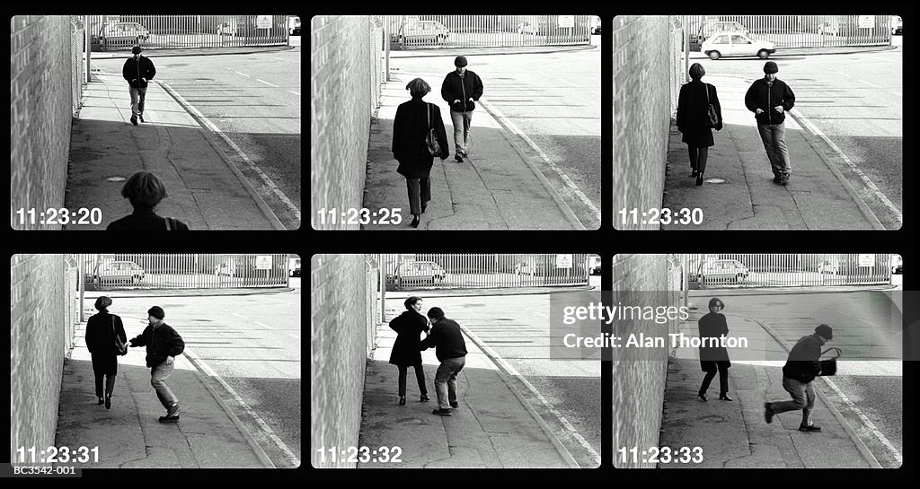 Man mugging woman in street (video still, Digital Composite)