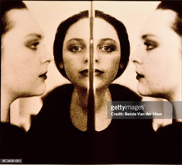 young woman's face, multiple reflections (montage, toned b&w) - face symmetry stock pictures, royalty-free photos & images