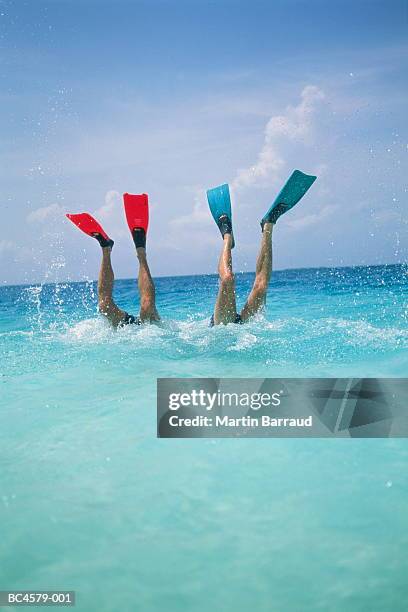 two men diving, legs with flippers above water - zwemvliezen stockfoto's en -beelden