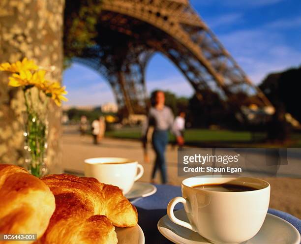 france, ile-de-france, paris, coffee and croissants on table - fooding stock pictures, royalty-free photos & images