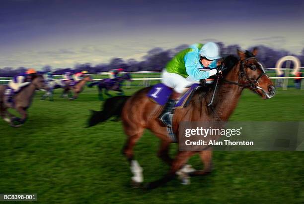 horseracing, jockey and mount passing finishing post (composite) - horse racing stock-fotos und bilder