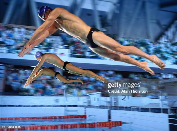 three male swimmers diving off starting blocks (digital composite) - young men in speedos 個照片及圖片檔