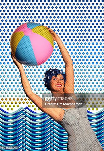 woman with beach ball (digital enhancement) - 1950s beach ball stock pictures, royalty-free photos & images