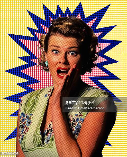 woman with shocked expression (digital enhancement) - retro horror stock pictures, royalty-free photos & images