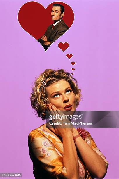 love-struck woman, man in 'thought bubble' (digital composite) - falling in love stock pictures, royalty-free photos & images