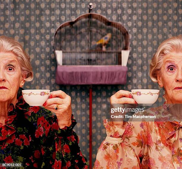 two elderly women drinking tea, birdcage in background (composite) - portrait älter trinken stock-fotos und bilder