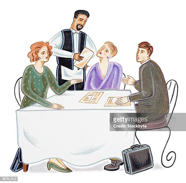 Three People Sitting At Restaurant Table Waiter Taking Order High-Res  Vector Graphic - Getty Images