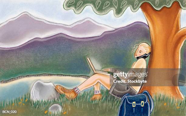 woman sitting under tree on hill, working on laptop computer - using laptop outside stock illustrations