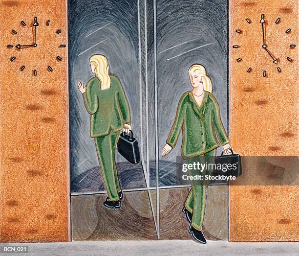 dual shot of woman going to work at nine and leaving at five - revolving door stock illustrations