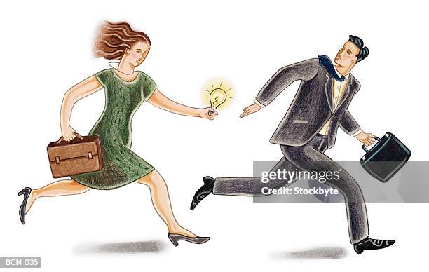 woman and man in relay race, passing lightbulb from one to another - swapping clothes stock illustrations