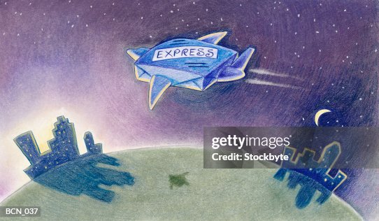 Airplane shaped like package, making overnight flight between cities Airplane shaped like package, making overnight flight between cities
