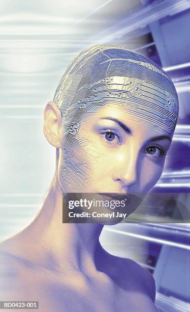 young woman, electronic circuit covering head (digital composite) - bionic woman stock pictures, royalty-free photos & images