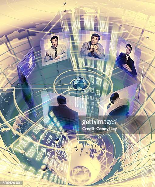 video conference,male executives on screens circling globe (composite) - medium group of objects stock pictures, royalty-free photos & images