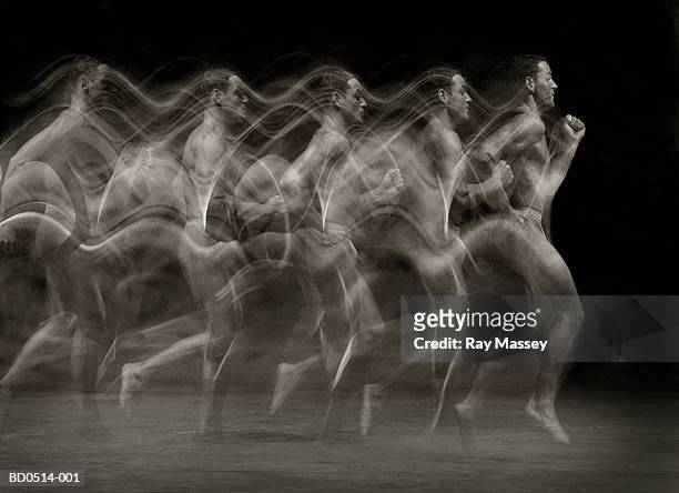 man running, profile (multiple exposure, toned b&w)) - double exposure running stock pictures, royalty-free photos & images
