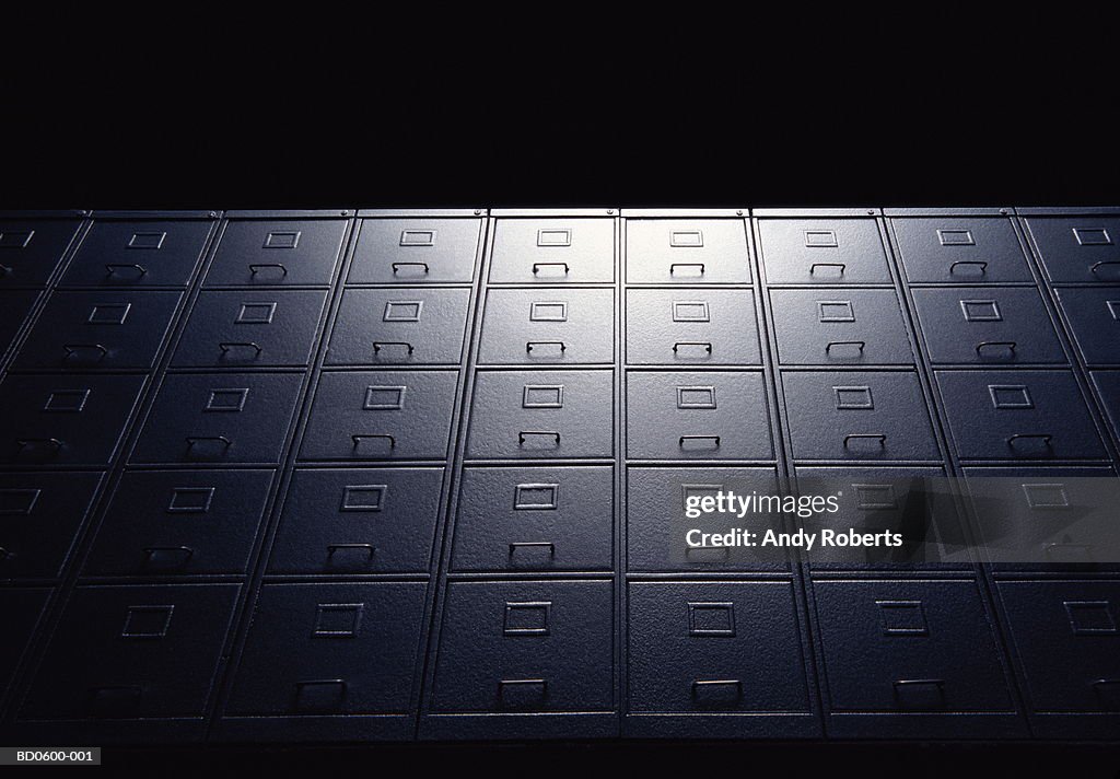 Wall of filing cabinets, low angle view (Digital Enhancement)