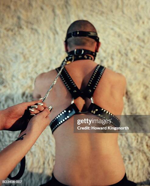 couple,man kneeling,wearing leather harness, woman holding leash - s & m stock-fotos und bilder