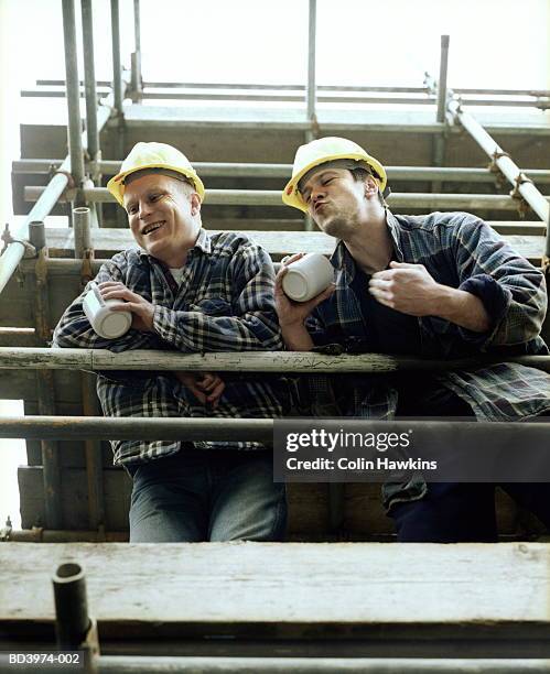 two men on scaffolding, low angle view - diskriminierung stock-fotos und bilder