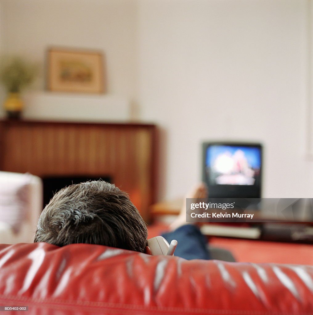 Man watching television, using telephone, rear view