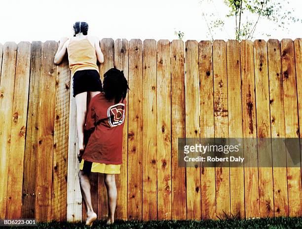 boy (9-11) helping girl (8-10) to see over fence - back shot position stock pictures, royalty-free photos & images