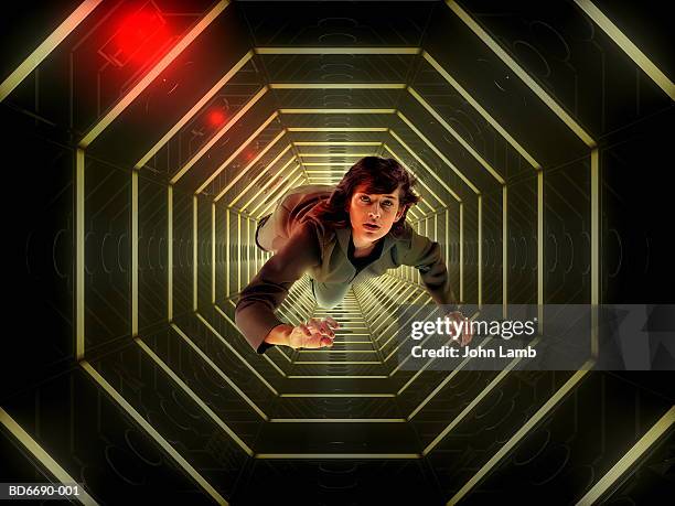 woman floating in space station (digital composite) - space travel vehicle stockfoto's en -beelden