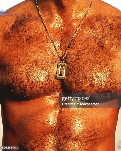hairy chested man wearing gold chain, mid section - behaart stock-fotos und bilder