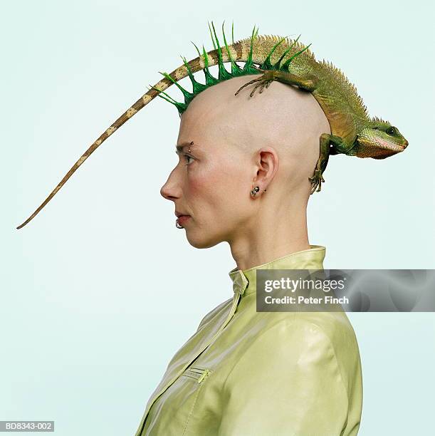 woman with mohican hairstyle, water dragon on head, profile - lizard stock-fotos und bilder