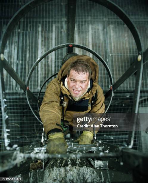 fireman climbing ladder, elevated view - firemen at work stock pictures, royalty-free photos & images