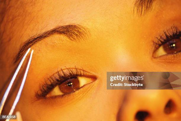 close-up of woman plucking eyebrows - eyebrow tweezers stock pictures, royalty-free photos & images