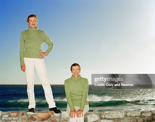 mature twins by sea, portrait (digital composite) - twins stock pictures, royalty-free photos & images