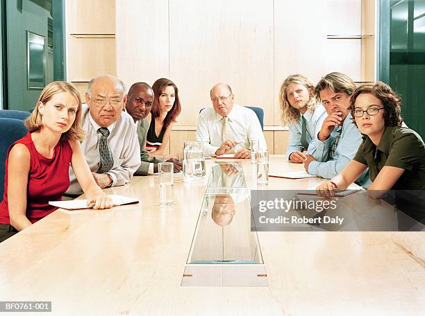 office workers at boardroom table, portrait - boss angry stockfoto's en -beelden