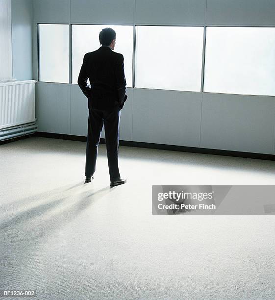 businessman in office, hands in pockets, rear view - 背広 ストックフォトと画像