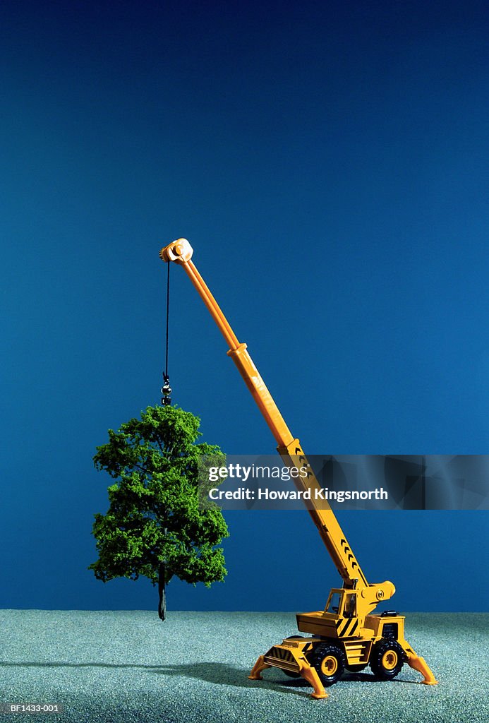Toy crane 'lifting' artificial tree, close-up