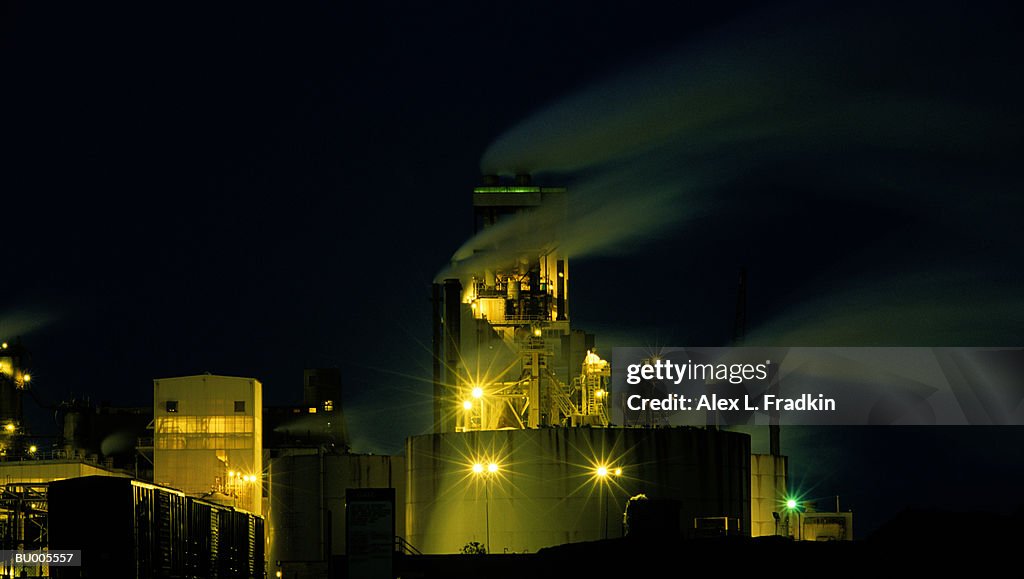 Pulp mill, exterior, night