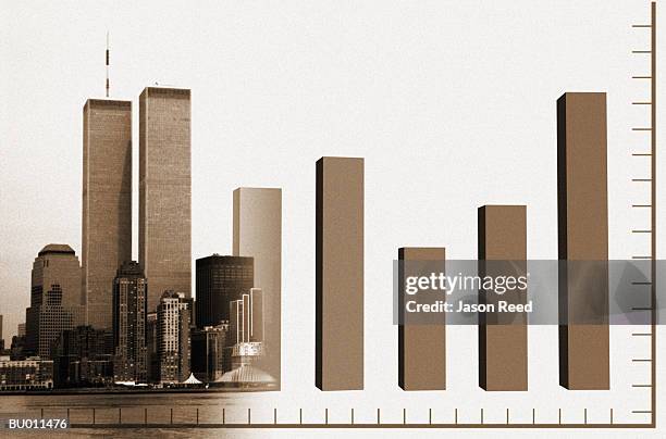 new york skyscrapers and a bar graph - bar graph stockfoto's en -beelden